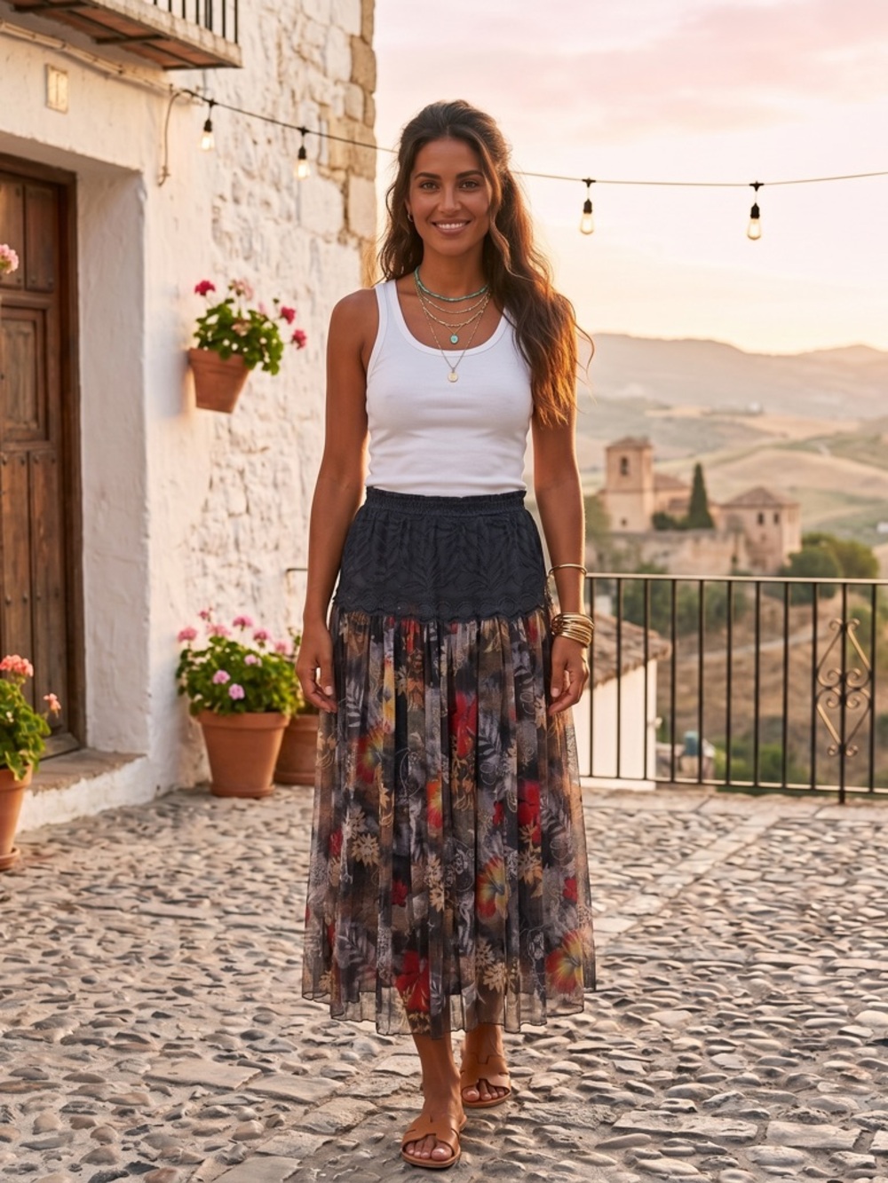 Floral Blue Gray Boho Festival Classic Flowy Lace Maxi Pull On Skirt Size Medium